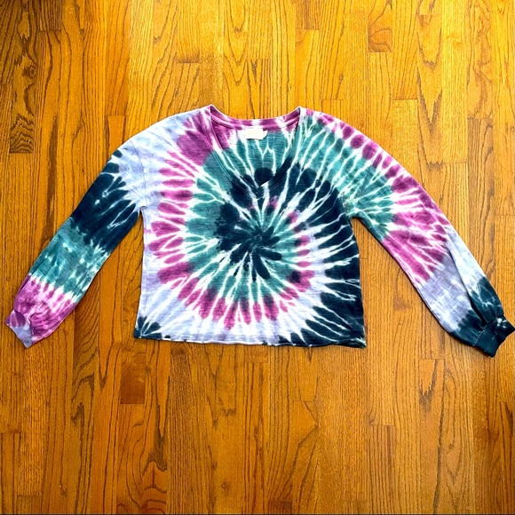 NATION LTD Purple Green Blue Tie Dye V-Neck Long Sleeve Top Women’s Size Medium - Picture 3 of 11